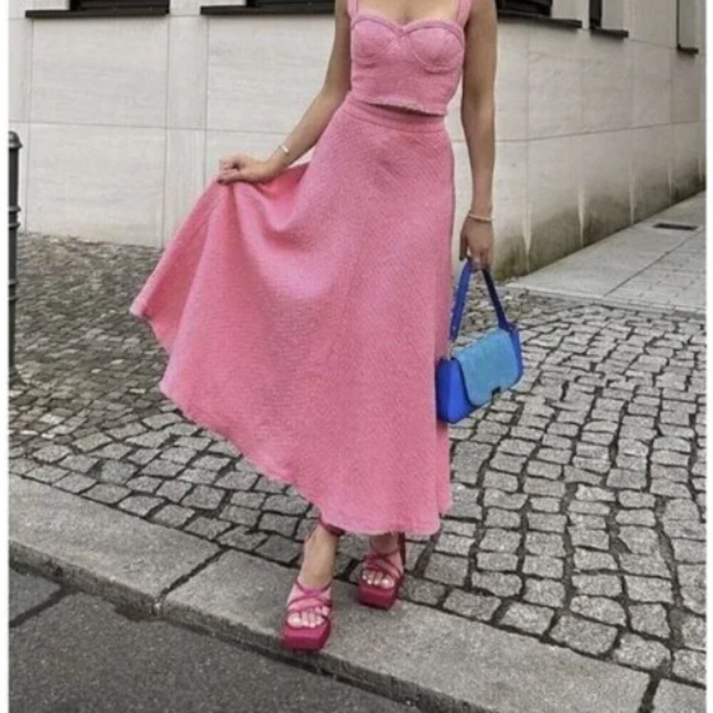 Zara barbie pink tweed midi skirt